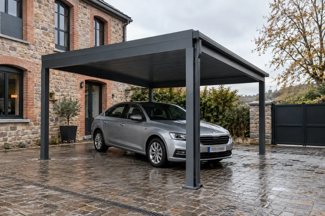 Carport aluminium anthracite devant une maison en brique, cour pavée mouillée