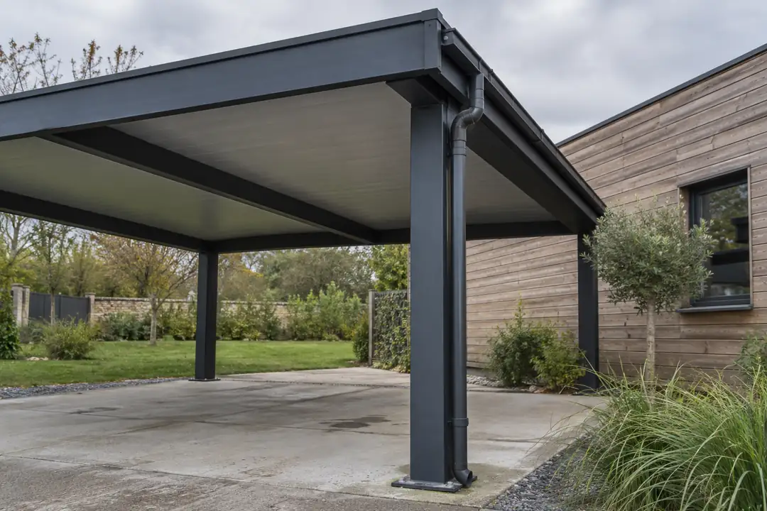 Détail d’un poteau et du chéneau intégré d’un carport aluminium noir