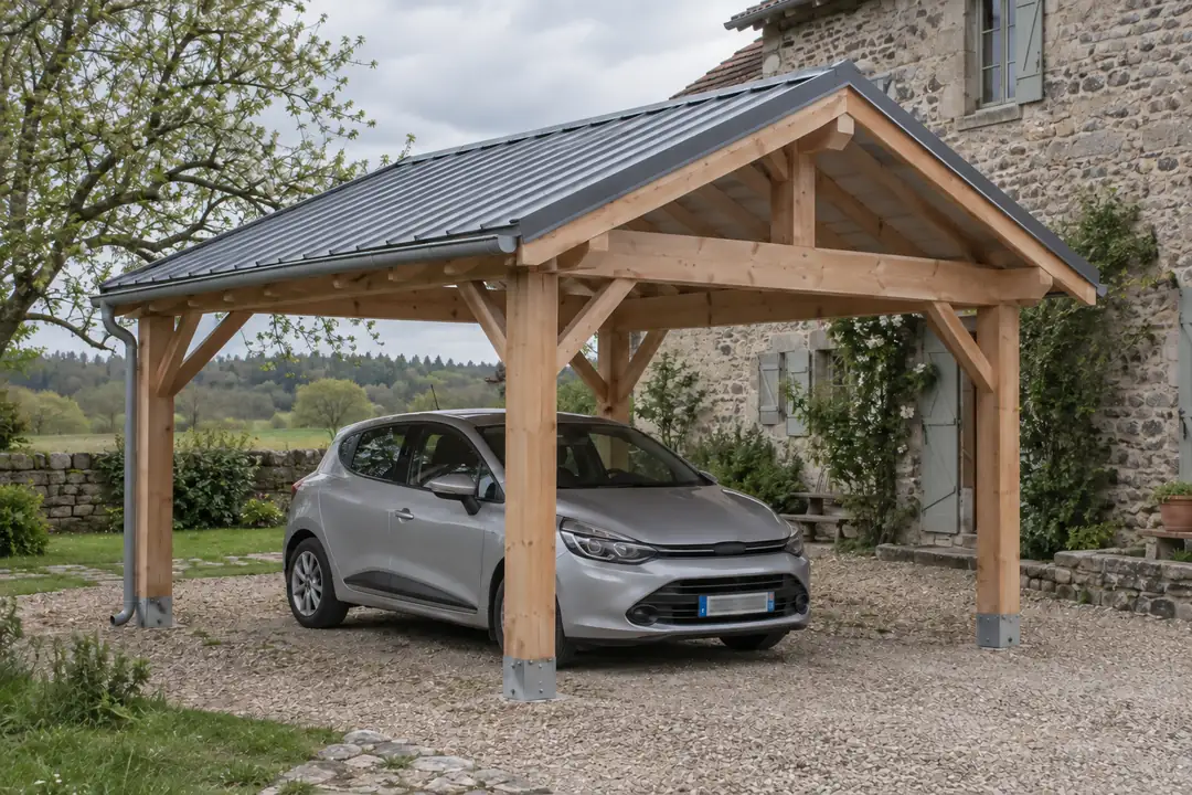 Carport bois douglas à deux pentes devant une ferme en pierre, voiture garée dessous