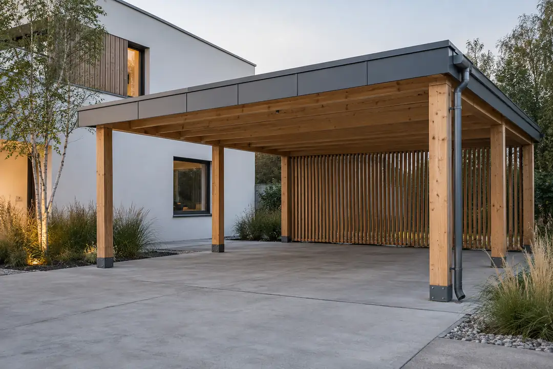 Carport bois mélèze avec claustra ajouré le long d’une maison contemporaine