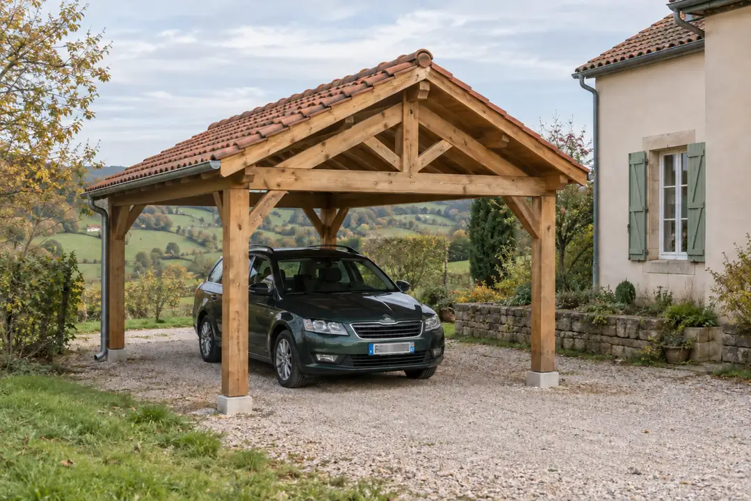 Carport bois couvert de tuiles devant une maison de campagne