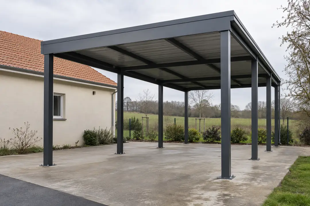 Grand carport aluminium vide, structure haute à six poteaux