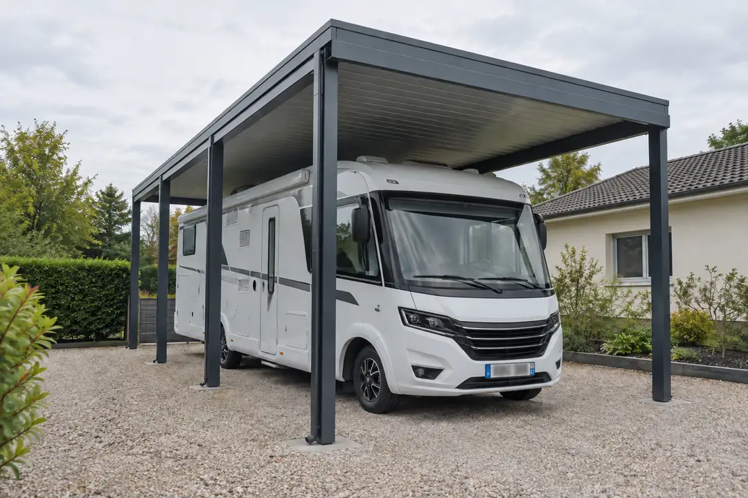Carport aluminium de grande hauteur abritant un camping-car intégral