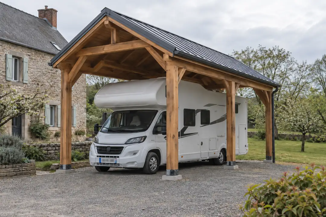 Carport bois à deux pentes abritant un camping-car devant une maison en pierre