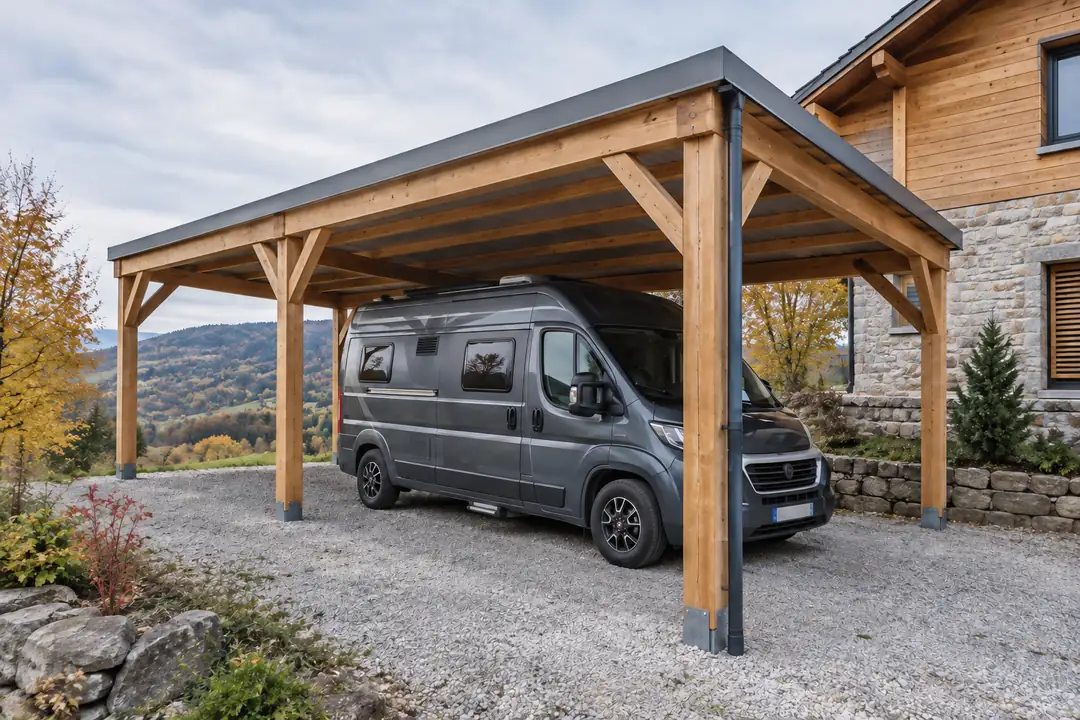 Carport bois abritant un fourgon aménagé, collines en arrière-plan