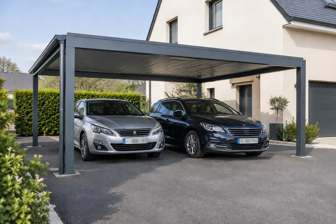Carport aluminium anthracite abritant deux voitures devant une maison