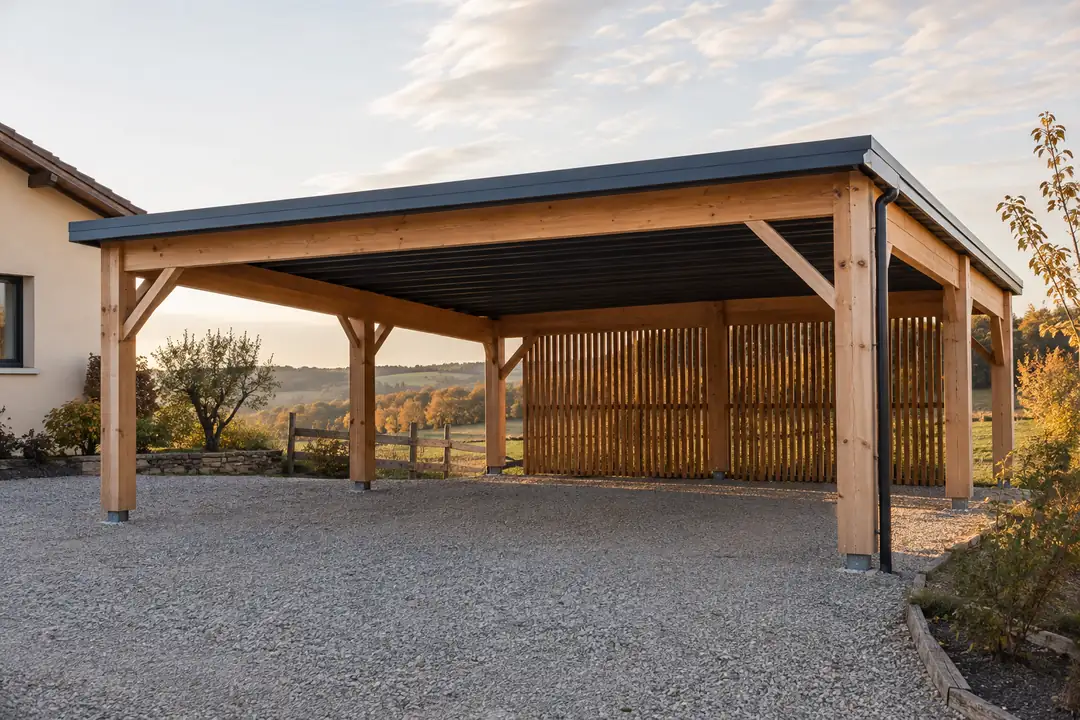Grand carport bois à couverture bac acier avec claustra, sur cour gravillonnée